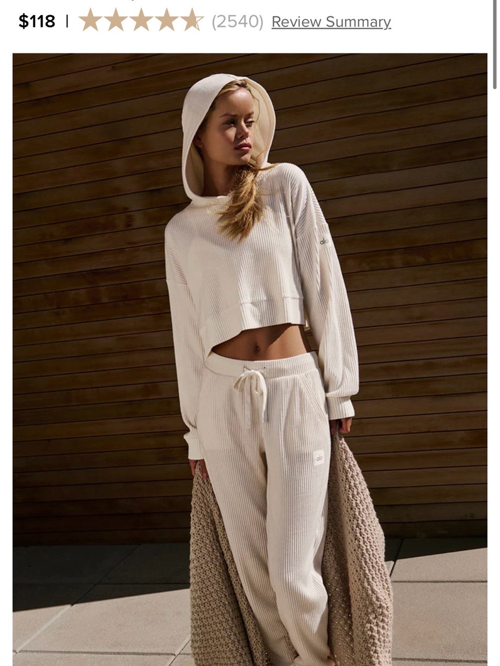 ALO Yoga muse Ribbed Cropped Hoodie Set in Cream